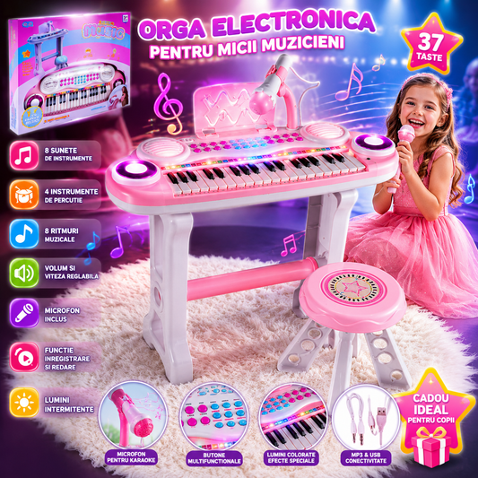 Orga Electronica cu Scaunel idealSTORE, Include 37 de Taste, 8 Ritmuri, 4 Niveluri de Percutie, Microfon si Lumini Karaoke, MP3, Functie de Inregistrare si Redare, Volum Reglabil, Suport Muzical, Cablu USB