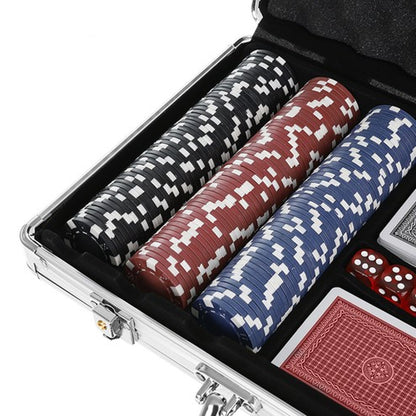 Set de Poker Texas 500 Jetoane Zenino - 2 Seturi Carti de Joc Profesionale, Master Lux, 5 Zaruri, Servieta Securizata, Argintiu