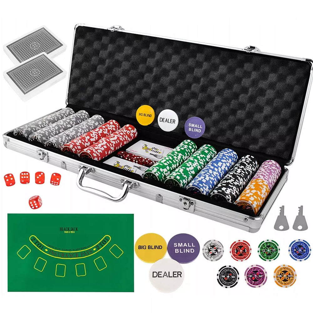 Set de Poker Texas 500 Jetoane Zenino - 2 Seturi Carti de Joc Profesionale, Master Lux, 5 Zaruri, Servieta Securizata, Argintiu