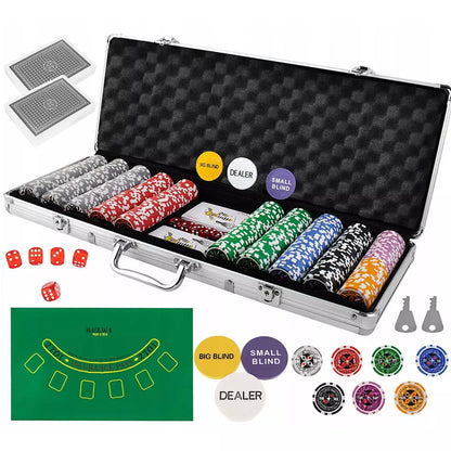 Set de Poker Texas 500 Jetoane Zenino - 2 Seturi Carti de Joc Profesionale, Master Lux, 5 Zaruri, Servieta Securizata, Argintiu