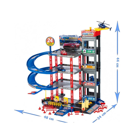 Set de joaca parcare copii Racing Parking cu masinute, elicopter si lift auto