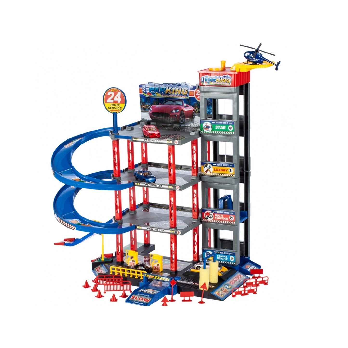 Set de joaca parcare copii Racing Parking cu masinute, elicopter si lift auto