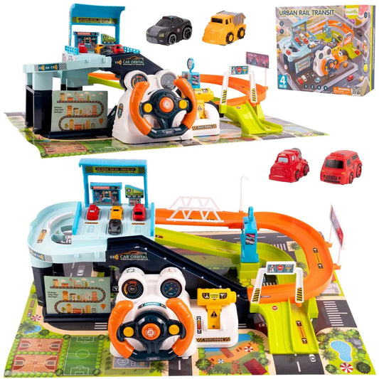 Parcare Auto Interactiva idealSTORE pentru Copii cu Volan, Lift,4 Masinute, Garaj si Pista de Curse