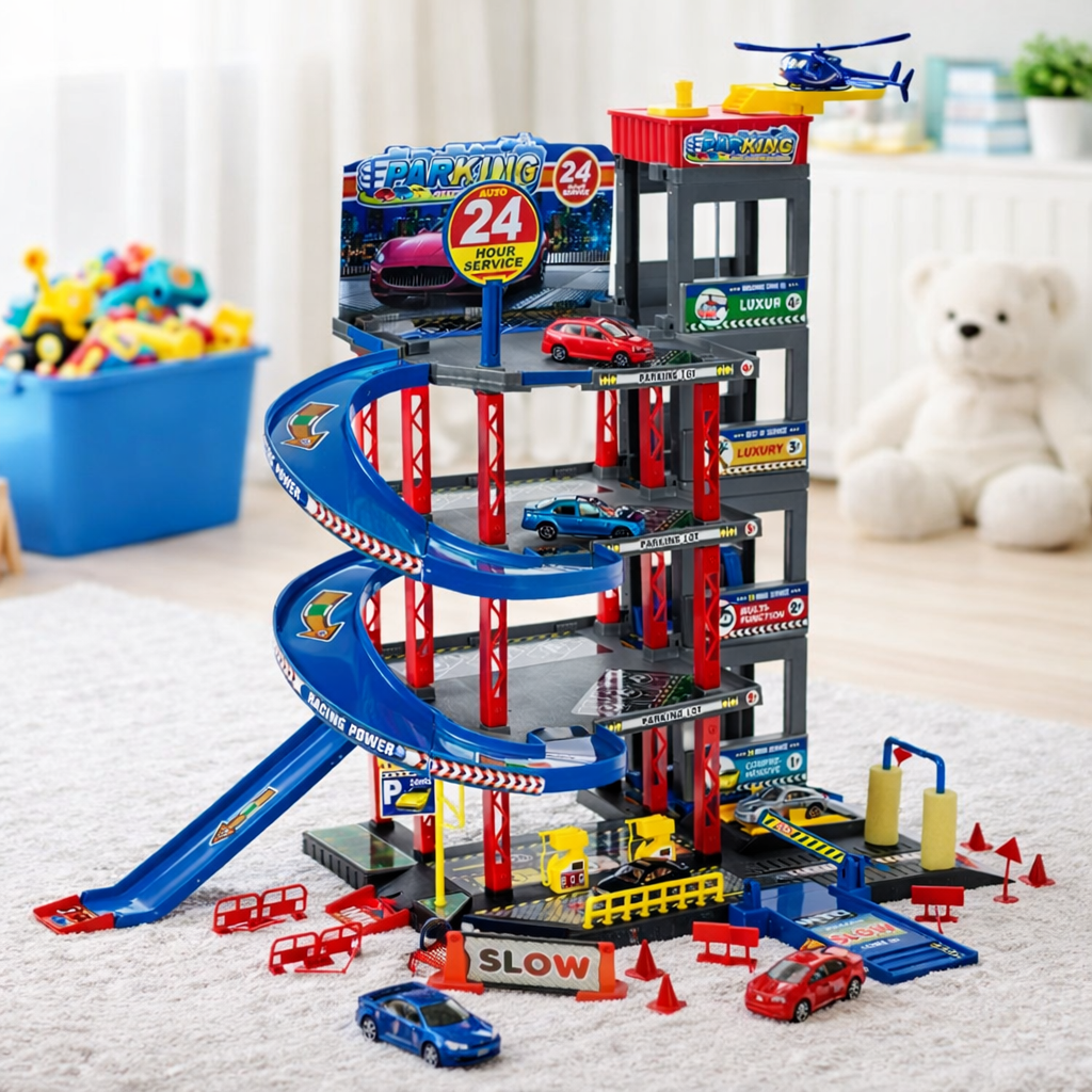 Set de joaca parcare copii Racing Parking cu masinute, elicopter si lift auto