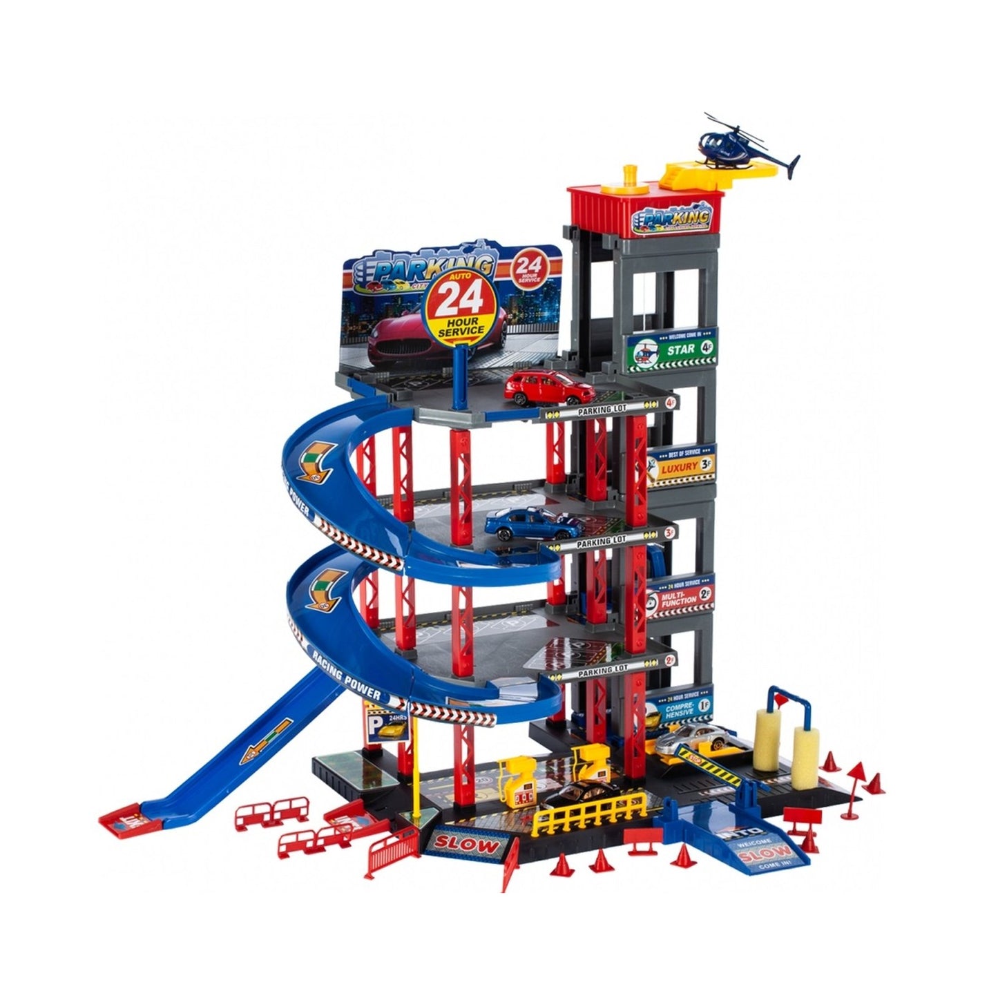 Set de joaca parcare copii Racing Parking cu masinute, elicopter si lift auto