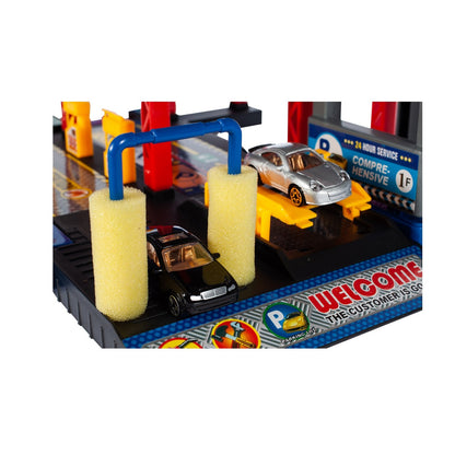 Set de joaca parcare copii Racing Parking cu masinute, elicopter si lift auto