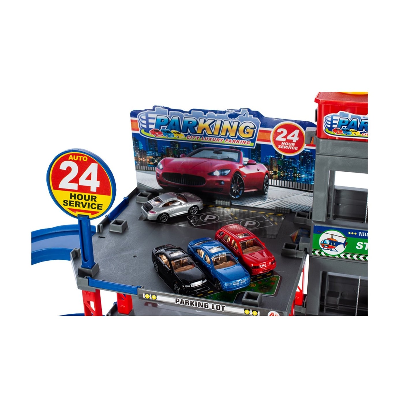 Set de joaca parcare copii Racing Parking cu masinute, elicopter si lift auto