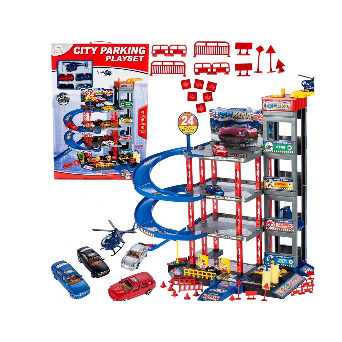 Set de joaca parcare copii Racing Parking cu masinute, elicopter si lift auto
