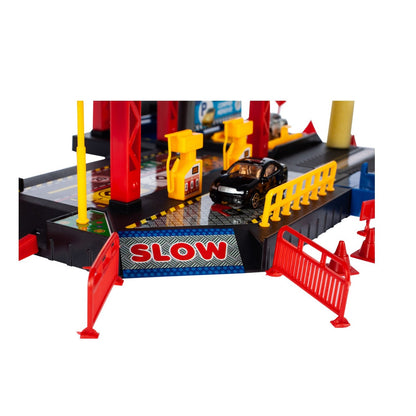 Set de joaca parcare copii Racing Parking cu masinute, elicopter si lift auto