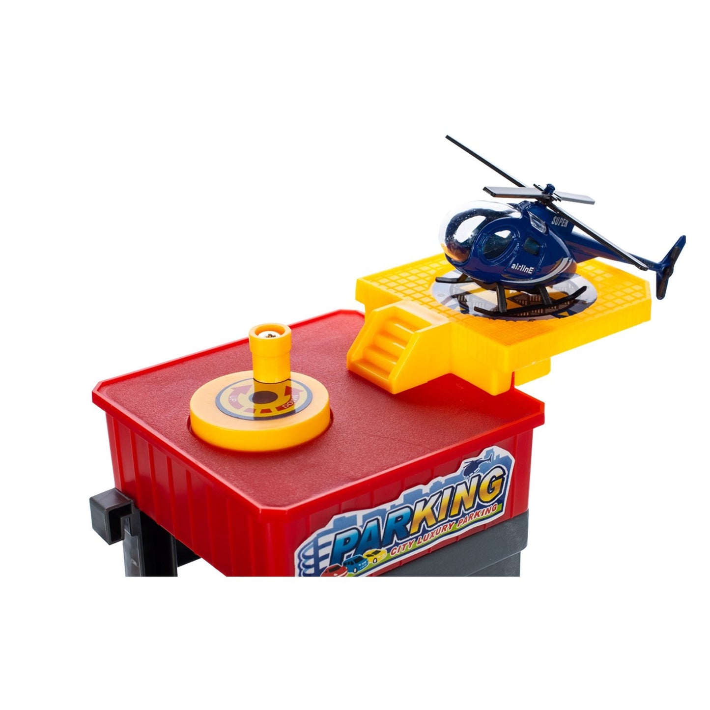 Set de joaca parcare copii Racing Parking cu masinute, elicopter si lift auto