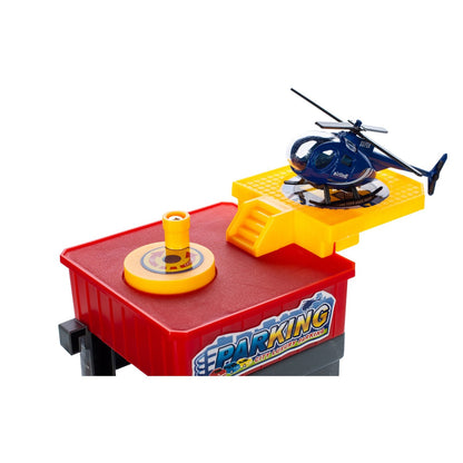 Set de joaca parcare copii Racing Parking cu masinute, elicopter si lift auto
