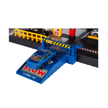 Set de joaca parcare copii Racing Parking cu masinute, elicopter si lift auto