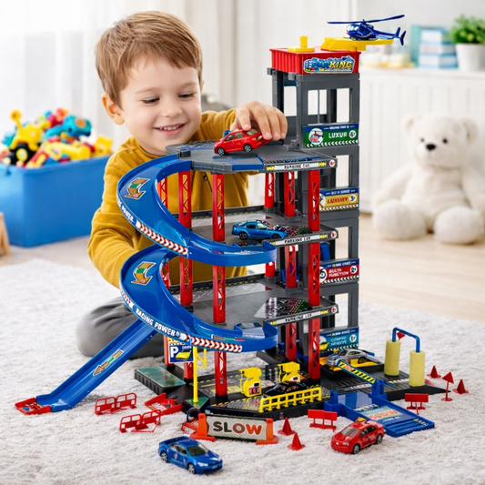 Set de joaca parcare copii Racing Parking cu masinute, elicopter si lift auto