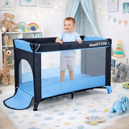 Patut Turistic pliabil Ideal Travel, ideal pentru calatori dar si patut traditional, design solid si elastic, constructie solida in 7 puncte, material premium, saltea moale si pliabila, geanta transport inclusa culoare albastru