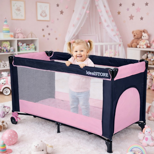 Patut turistic pliabil idealSTORE travel pentru bebelusi, constructie solida in 7 puncte