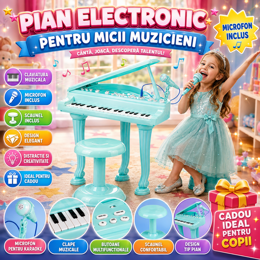 Pian Electric cu Microfon Best Singer idealStore, Melodii Pre Setate, MP3, Karaoke, Posibilitate de Inregistrare, 36 Taste, Scaunel Confortabil, Microfon Inclus, Albastru