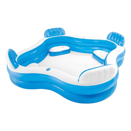 Piscina gonflabila Soda Summer pentru intreaga familie, cu 4 scaune gonflabile, spatar, suport pentru bautura, albastra, 229x229x66cm