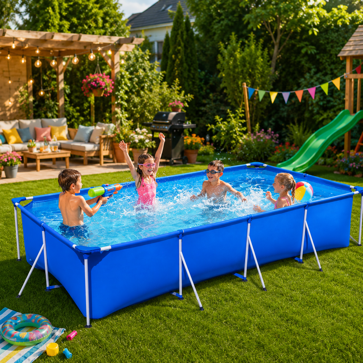 Piscina idealStore Family 400 x 211 x 81 cm, Cadru metalic, Pereti intariti cu Tehnologie DuraPlus 3 straturi PVC, contine Pompa de Filtrate Apa, instalare Usoara, Forma Dreptunghiulara, Volum 5700 L
