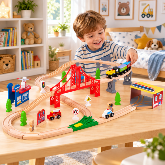 Pista Multifunctionala Merry Train idealSTORE din Lemn Natural, Construita din 70 de piese, Locomotiva + 2 vagoane cu magnet, Elicopter cu elice, Heliport, Detasament de Pompieri, Politie, Copaci, Indicatoare rutiere, Oameni, Piese Slefuite fin din lemn