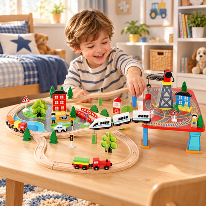 Tren Electric din Lemn Woody Train idealStore, 88 Elemente, Pista, Tren de Marfa si Pasageri, Masinuta, Copaci, Indicatoare Rutiere, Caine Politist, Figurine Persoane, Macara, Elemente Conectate prin Magneti