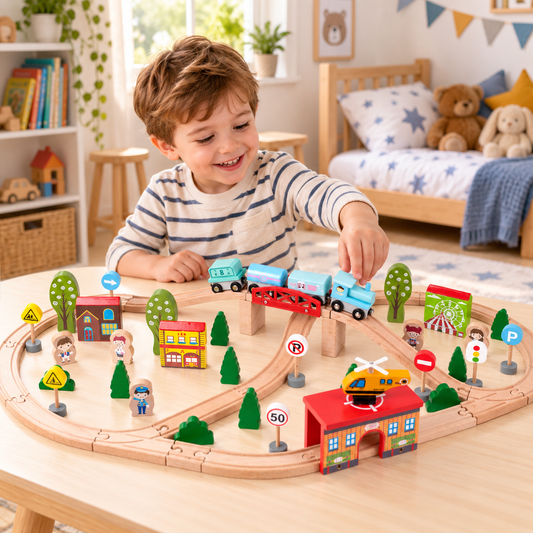 Circuit Trenulet din Lemn Natural Wooden City Traffic Track idealSTORE, Setul include Heliport, Oameni, Copaci, Semne de Circulatie, Lokomotiva, Elicopter, Vagoane, Case, Piese Slefuite fin din lemn