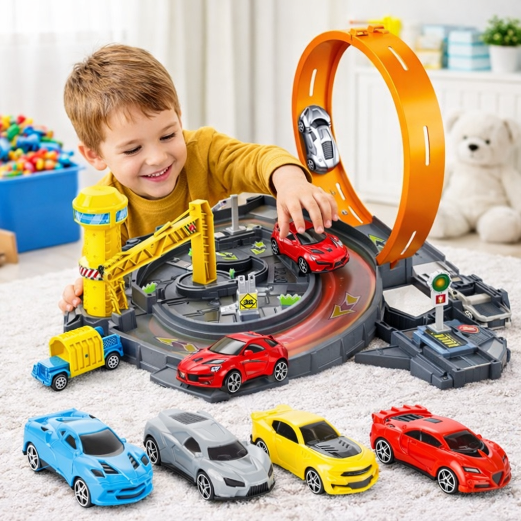 Pista Masinute Track Parking cu Lansator si 4 Masinute, Macara si Benzinarie