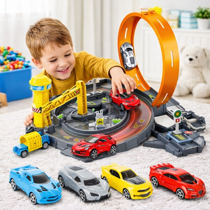 Pista Masinute Track Parking cu Lansator si 4 Masinute, Macara si Benzinarie