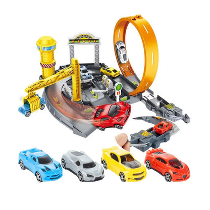 Pista Masinute Track Parking cu Lansator si 4 Masinute, Macara si Benzinarie