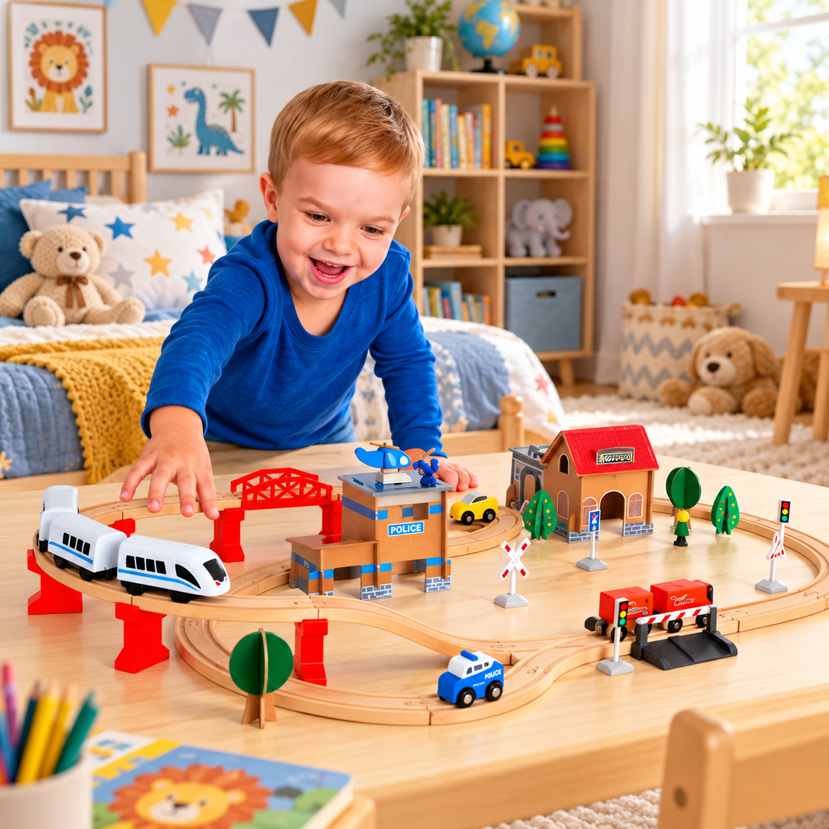 Pista Magnetica Multifunctionala din Lemn City Of Dreams idealSTORE, Formata din 88 de Elemente din lemn Natural, Include Heliport, Oameni, Copaci, Elicopter, Masini, Cladiri, Tren cu 2 Vagoane, Piese Slefuite fin din lemn, Dezvolta Imaginatia Copilului