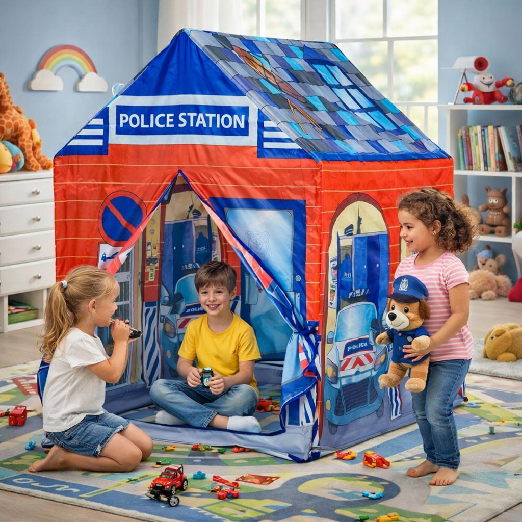 Cort de joaca pentru copii Sectia de Politie idealSTORE,Dimensiune 95x72x102cm, Desing atractiv pentru copii