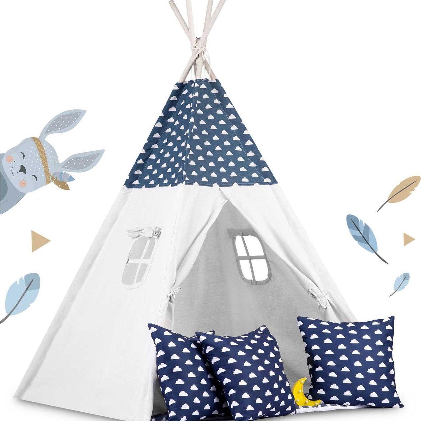 Cort de joaca cu lumini idealSTORE Moon Tipi,Bumbac Natural,Include perne,covoras izolator,Husa de depozitare,Albastru