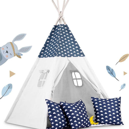 Cort de joaca cu lumini idealSTORE Moon Tipi,Bumbac Natural,Include perne,covoras izolator,Husa de depozitare,Albastru