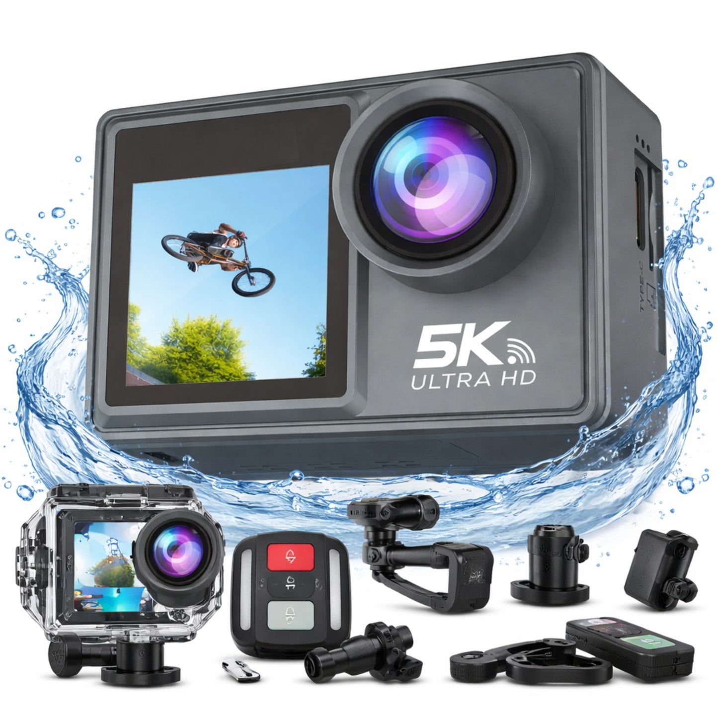 Camera de Actiune idealSTORE  5K Ultra HD, Foto 24 MP, 256 GB, Stabilizare imagine EIS, Microfon, WiFi, Port HDMI