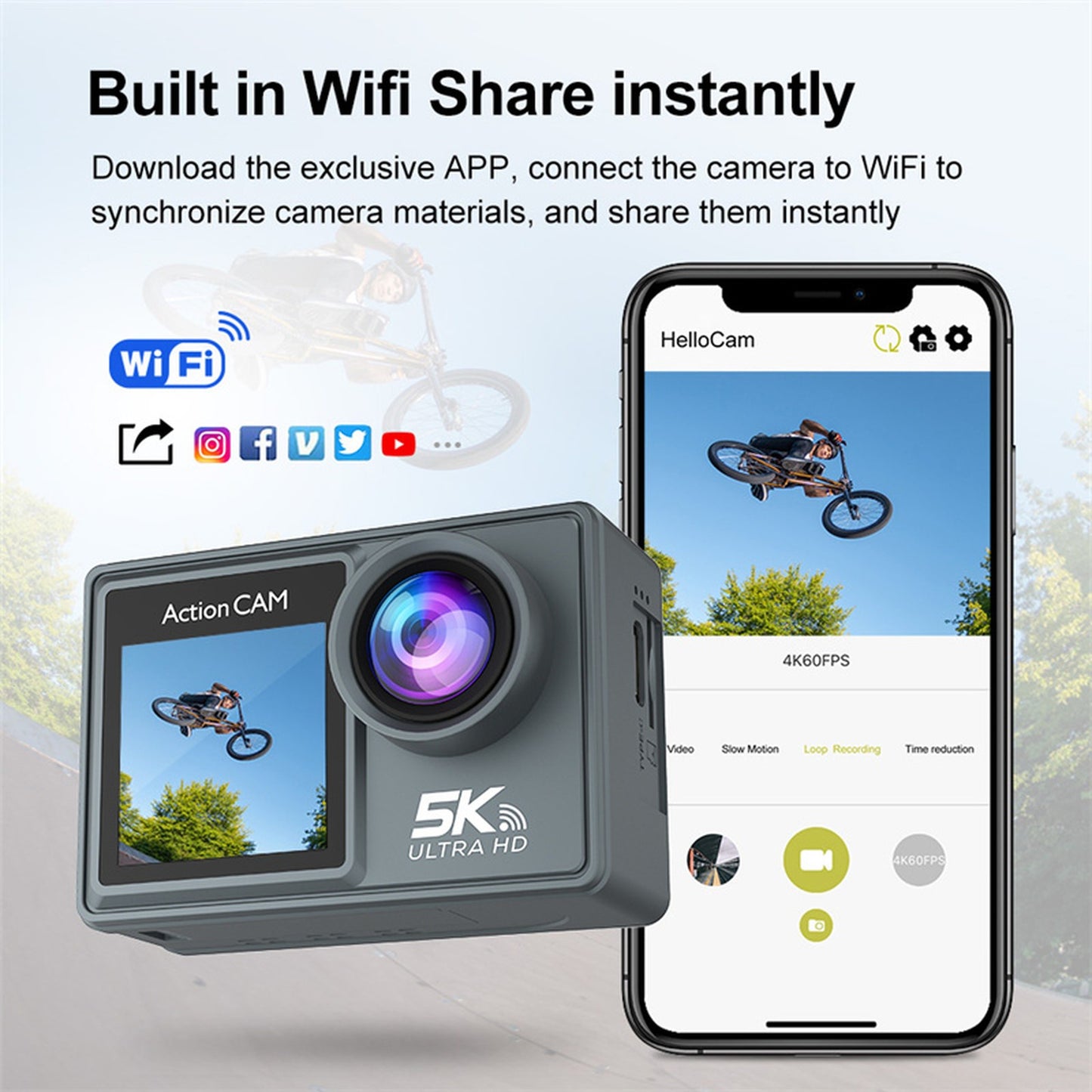 Camera de Actiune idealSTORE  5K Ultra HD, Foto 24 MP, 256 GB, Stabilizare imagine EIS, Microfon, WiFi, Port HDMI