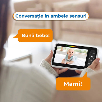 Sistem de Monitorizare Video si Audio Pentru Bebelusi Baby Angel idealStore, Ecran LCD Color 5 inch, Vedere Noctura cu Infrarosu, Monitor de Temperatura, Posibilitate de Interactiune cu Bebelusul, Cantece de Leagan, Wireless, Momento