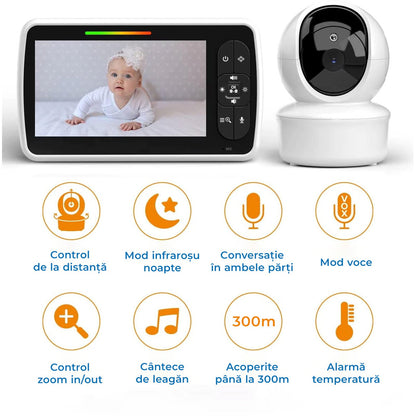 Sistem de Monitorizare Video si Audio Pentru Bebelusi Baby Angel idealStore, Ecran LCD Color 5 inch, Vedere Noctura cu Infrarosu, Monitor de Temperatura, Posibilitate de Interactiune cu Bebelusul, Cantece de Leagan, Wireless, Momento