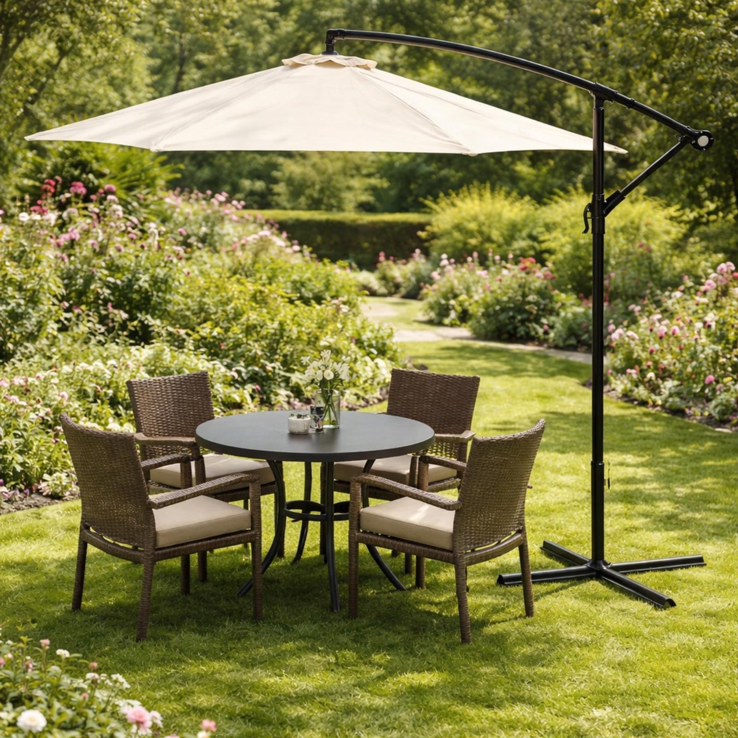 Umbrela de Gradina idealSTORE BeigeGarden, Deschidere 300 cm, Pliabila, Cadru Solid, Rezistenta Sporita (UV50+)