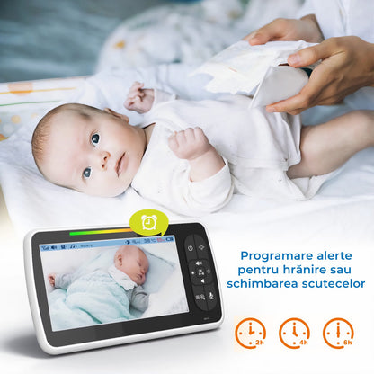 Sistem de Monitorizare Video si Audio Pentru Bebelusi Baby Angel idealStore, Ecran LCD Color 5 inch, Vedere Noctura cu Infrarosu, Monitor de Temperatura, Posibilitate de Interactiune cu Bebelusul, Cantece de Leagan, Wireless, Momento