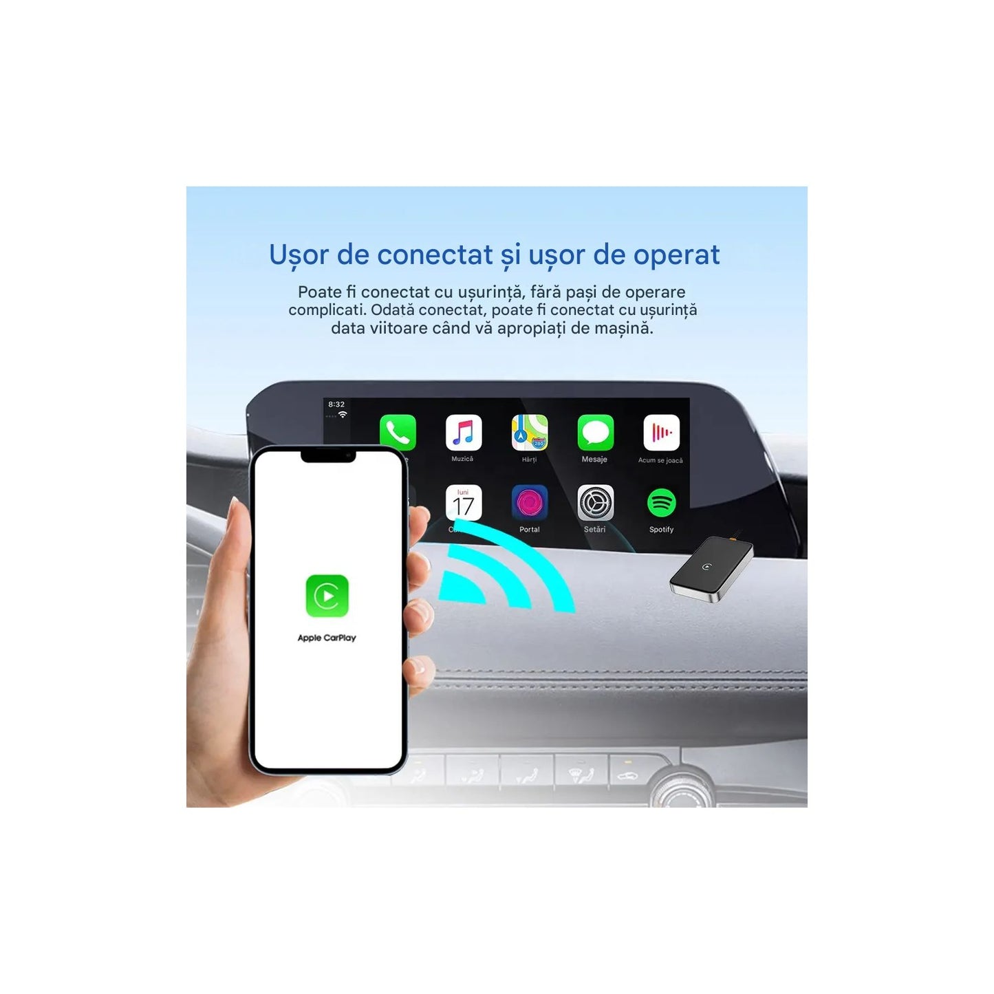 Adaptor Wireless CarPlay cu AI idealSTORE,compatibil Wireless CarPlay si Android,Conectare Automata, Conectare la Microfonul Masinii, Sincronizare Rapida