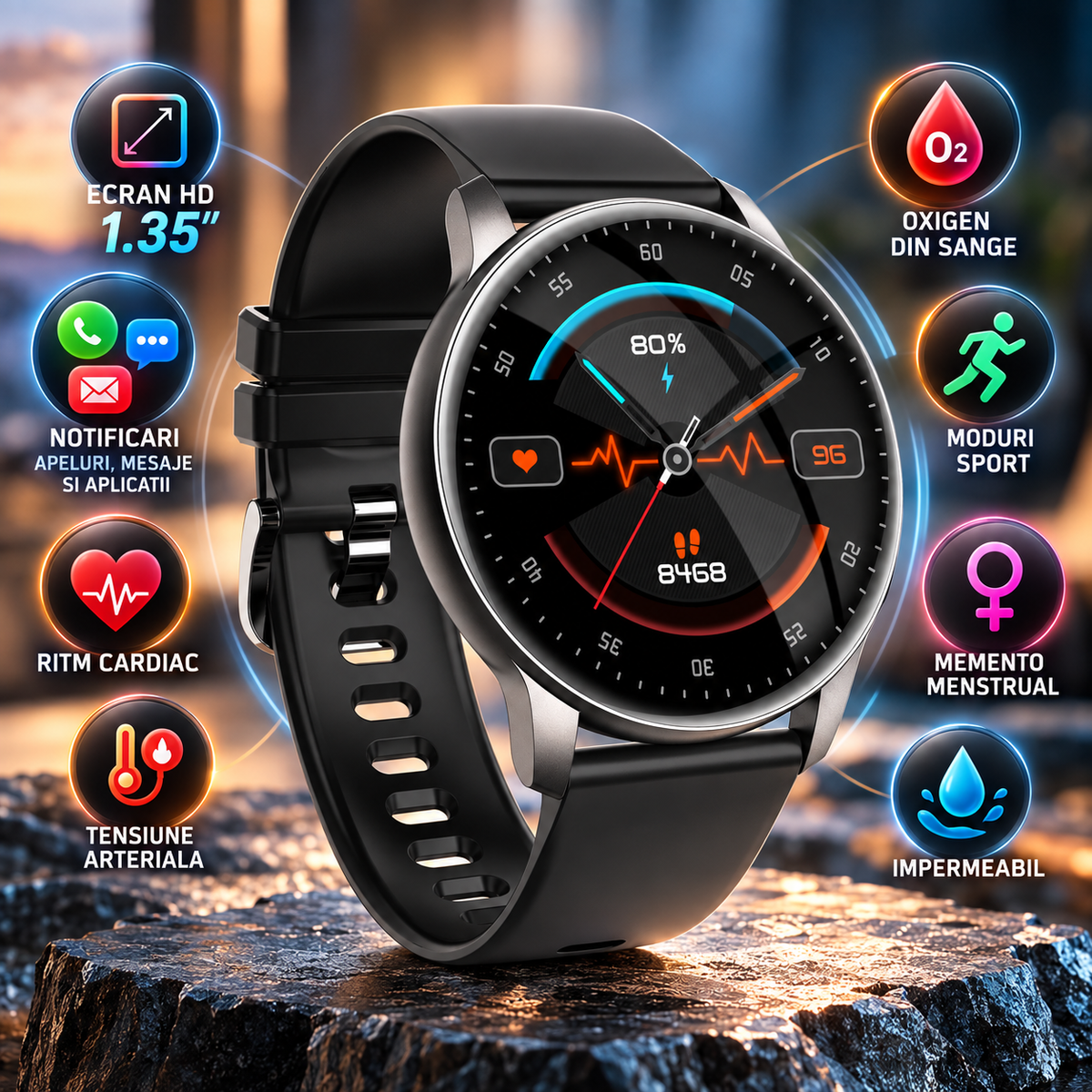 Ceas SmartWatch Lensa idealStore, Ecran HD 1.35', Notificari Apeluri/Mesaje/Aplicatii, Monitorizare Ritm Cardiac, Tensiune Arteriala, Oxigen din Sange, Moduri Sport, Momento Menstrual, Impermeabil, Negru