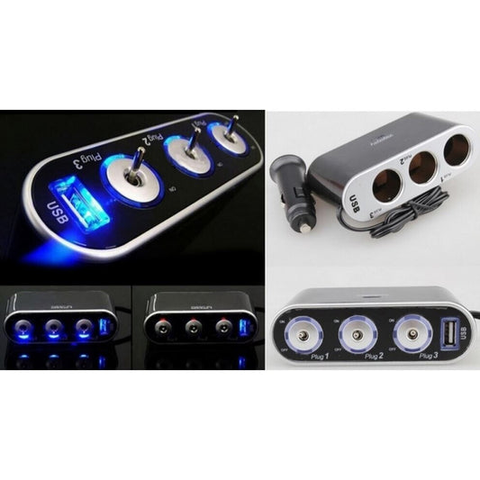 Prelungitor Priza idealSTORE 3 Cai Auto si 1 USB cu Lumina si Intrerupator Individual