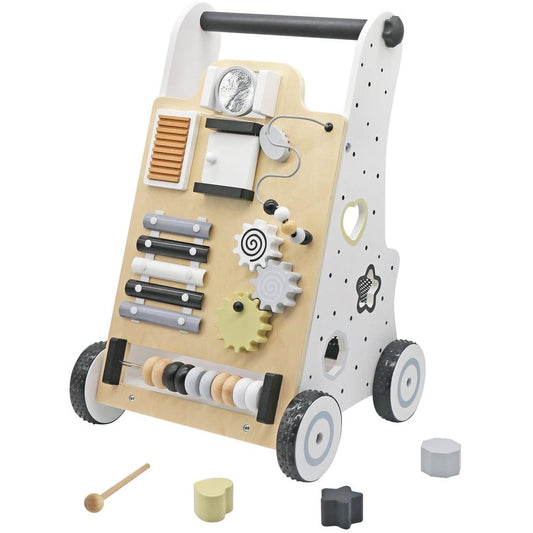 Premergator Interactiv idealSTORE pentru copii, Dimensiuni 52 x 33 x 31 cm, Confectionat din Lemn Natural, Roti anti-alunecare, Contine Puzzle Mobil, Xilofon, Numeroase activitati educative, Dezvolta echilibrul si coordonarea