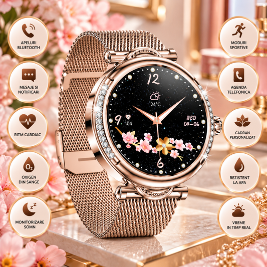 Smartwach LuxStyle idealSTORE, Apel Bluetooth, Sunet HD Voice, Agenda Telefonica, Design Lux-Elegant, Ecran HD 1.27', Monitorizare Oxigen, Tensiune, Puls, Somn, Mod Multi-Sport, Cadran Personalizat, Rezistent apa IP67, Bratara Metalica Gold