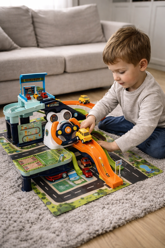 Parcare Auto Interactiva idealSTORE pentru Copii cu Volan, Lift,4 Masinute, Garaj si Pista de Curse