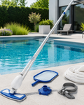 Set de curatare piscine idealSTORE, Debit pompa filtrare 2006L/h, Lungime furtun aspirare 7.5m, Tija de aluminiu 2.79, Sac colectare reutilizabil