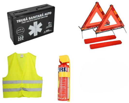Kit siguranta auto, contine extinctor tip spray, trusa medicala omologata european, 2 x triunghi reflectorizant si vesta reflectorizanta universala