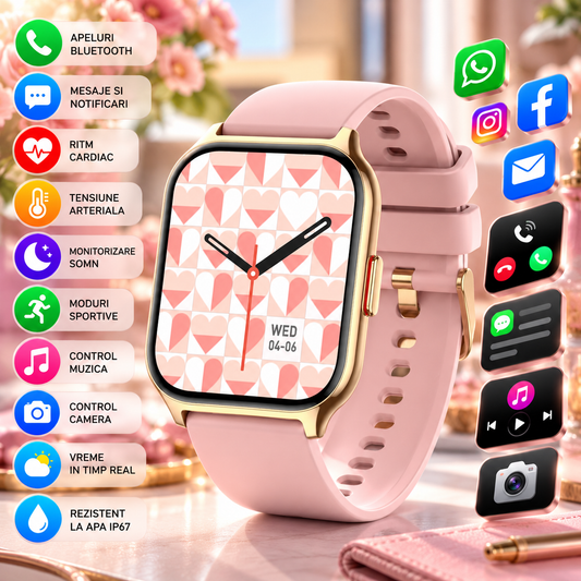 Ceas SmartWatch ZonStyleFit idealSTORE, Ecran Tactil 2,01, Android/IOS, Difuzor-Microfon, Control Muzica, Camera, Apeluri, Mesaje, Whatss, Facebook, Vreme, Fitness Traker, IP67, Ritm Cardiac, Tensiune Arteriala, SpO2, Monitorizare Somn, Sport