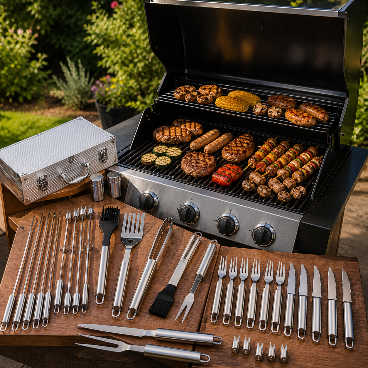 Set 26 ustensile si accesorii pentru gratar GrillMixx idealSTORE, Fabricate din otel inoxidabil, Calitate premium, Cutie de transport inclusa