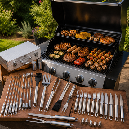 Set 26 ustensile si accesorii pentru gratar GrillMixx idealSTORE, Fabricate din otel inoxidabil, Calitate premium, Cutie de transport inclusa