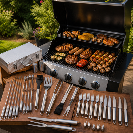 Set 26 ustensile si accesorii pentru gratar GrillMixx idealSTORE, Fabricate din otel inoxidabil, Calitate premium, Cutie de transport inclusa
